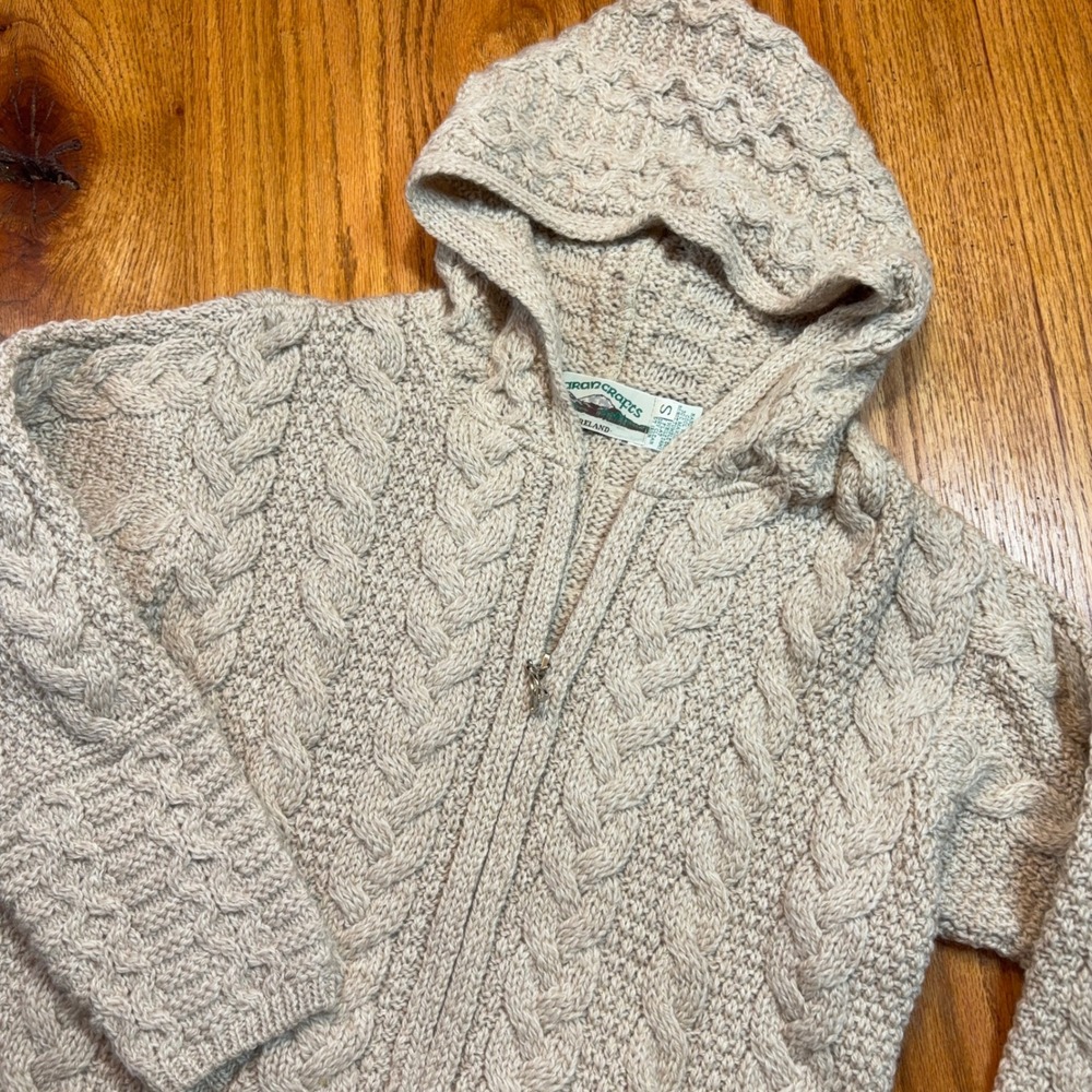 Aran Crafts Hooded Cardigan Womens S Cream Cable Knit Merino Wool Zip Sweater